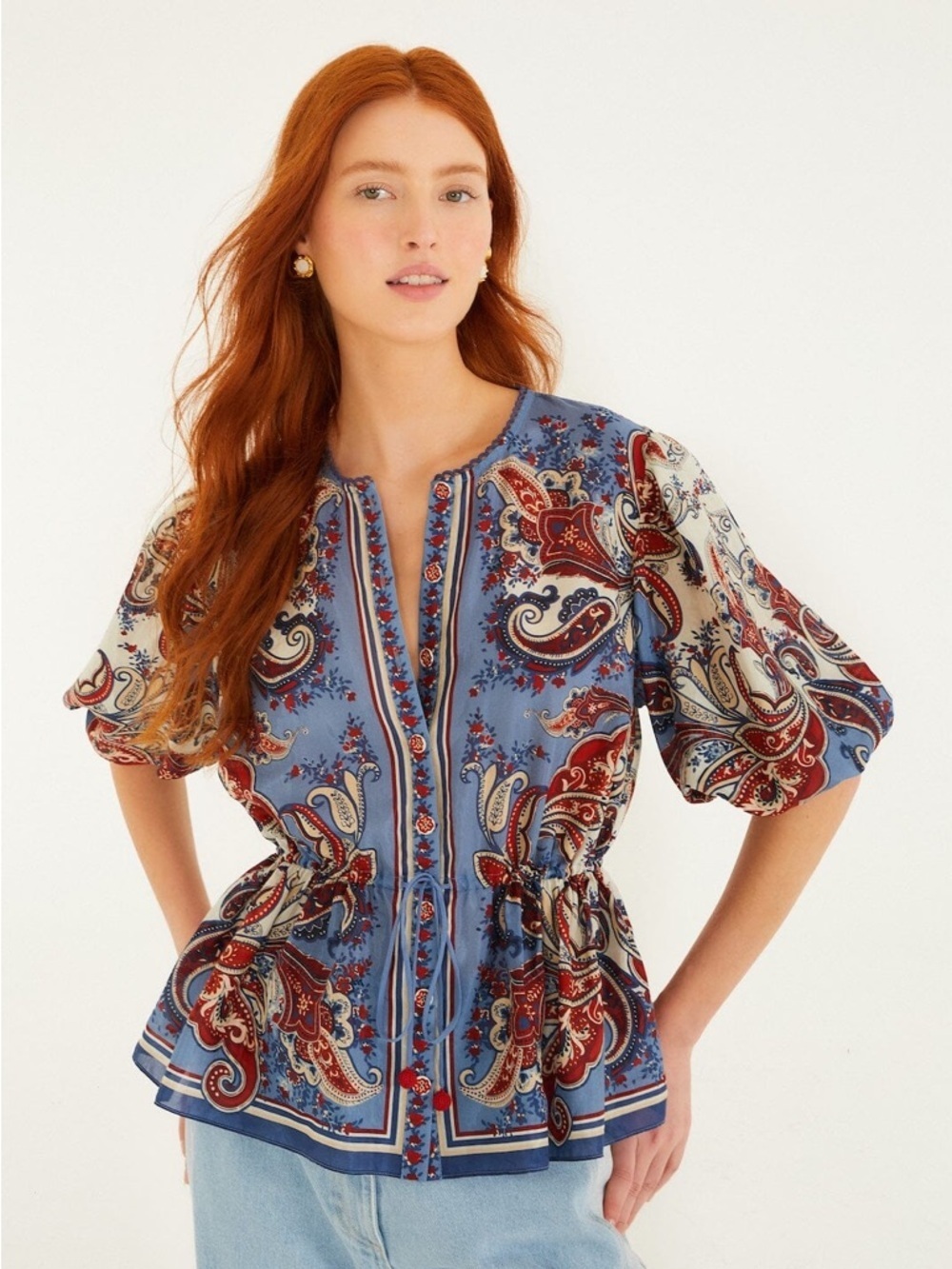 Farm Rio: Blue Paisley Scarf Short Sleeve
Blouse